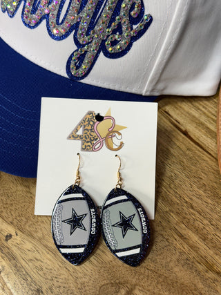 Dallas Cowboys football-shaped dangle earrings navy glitter silver star logo