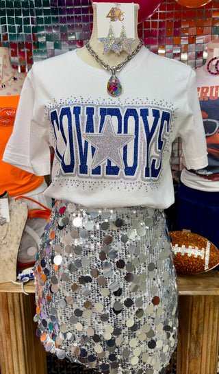 White Cowboys rhinestone glitter graphic crop tee with silver sequin skirt display