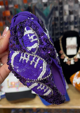 Purple sequin knotted headband with white pearl and crystal beaded design