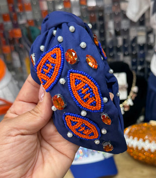 Navy knotted headband with orange blue beaded footballs faux pearls and rhinestones