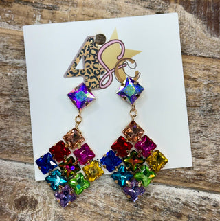 Multicolor rhinestone drop earrings with graduated diamond grid and gold-toned links