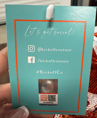 Teal hang tag for Kickoff Couture showing social media handles and QR code