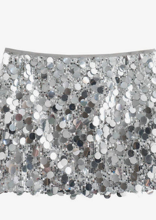 Silver mini skirt covered in large and small paillette sequins with matte waistband