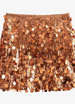 Rose gold copper sequin mini skirt with large disc paillettes and satin waistband