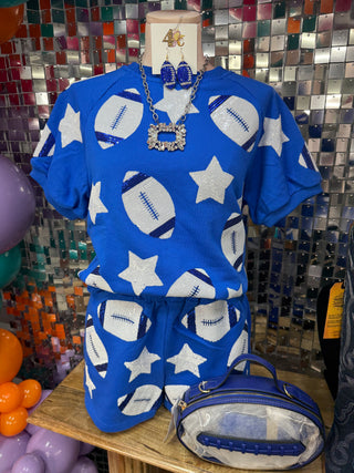 Royal blue sequin football and star print two-piece short set with matching mini bag
