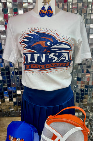 White UTSA Roadrunners rhinestone graphic tee with blue pleated skirt on mannequin