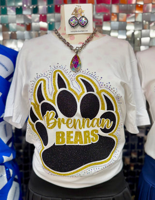 White crop tee with glitter black bear paw and Brennan Bears rhinestone graphic