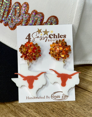 Orange sequin flower and white acrylic Texas Longhorn state-shaped dangle earrings