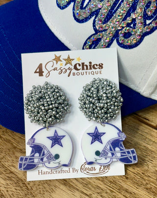 Dallas Cowboys football helmet dangle earrings with silver seed bead cluster tops