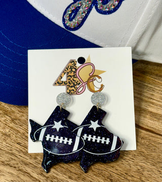 Navy glitter Texas-shaped dangle earrings with football graphic and silver druzy studs
