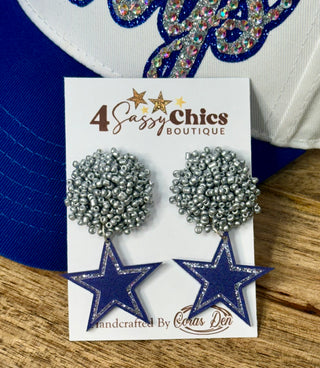 Handcrafted dangle earrings with silver seed bead tops and navy glitter star pendants