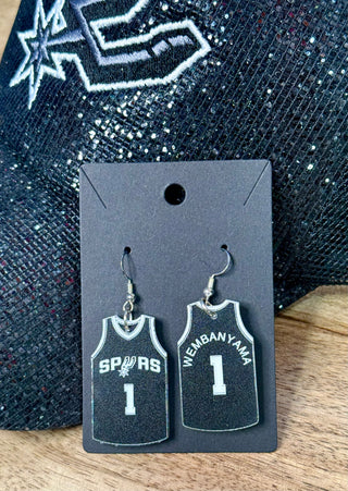 Black miniature San Antonio Spurs Wembanyama #1 jersey dangle earrings on display card