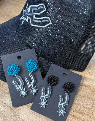 San Antonio Spurs dangle earrings with teal and black beaded studs, silver acrylic logo charms