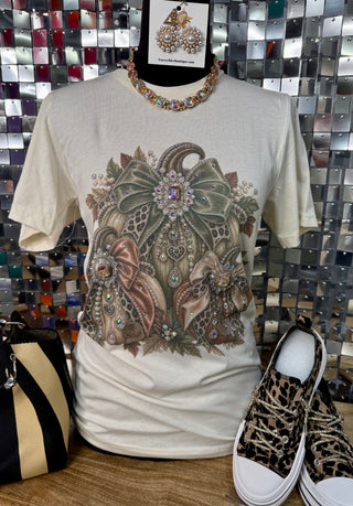Cream graphic tee with jeweled pumpkins velvet bows rhinestones fall design
