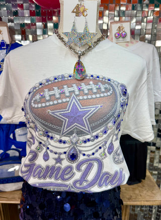 White Dallas Cowboys Game Day graphic tee with rhinestone embellishments and sequin skirt