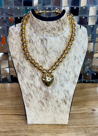 Gold beaded necklace set with puffy 3D heart pendant and matching bracelet