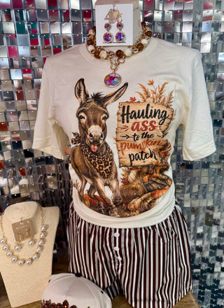 White crop tee with donkey graphic and Hauling Ass to the Pumpkin Patch fall print