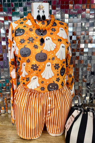 Orange Halloween ghost pumpkin print long-sleeve top with orange striped boxer shorts set