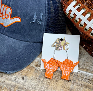 Orange glitter resin dangle earrings shaped like Birds Up hand gesture for game day