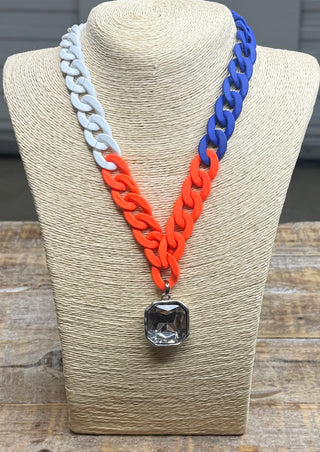 Chunky tricolor chain necklace in blue, orange, white with square crystal pendant