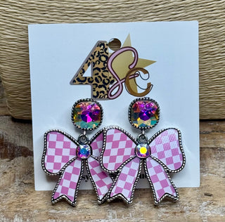 Pink checkered bow dangle earrings with iridescent crystal studs and rhinestone accents