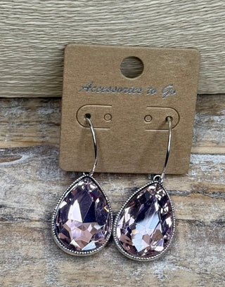 Pink faceted teardrop crystal drop earrings with silver beaded bezels and French hooks
