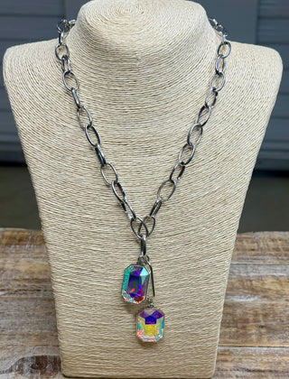 Silver chunky chain necklace with two cascading iridescent faceted emerald-cut crystal pendants