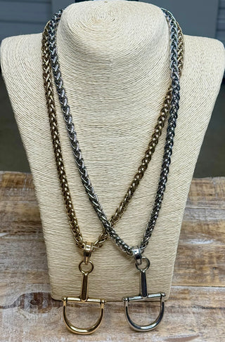 Gold and silver two-tone braided chain necklaces with horse bit pendants