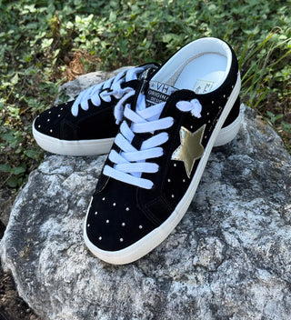 Vintage Havana black suede studded sneakers with gold star and white laces