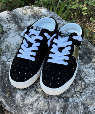 Vintage Havana black suede studded sneakers with gold star and white laces