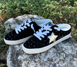 Vintage Havana black suede mule sneakers with silver star, studs, white laces
