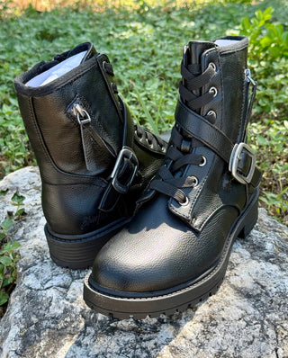 Blowfish Anderson black lace-up combat boots with buckle straps and lug sole