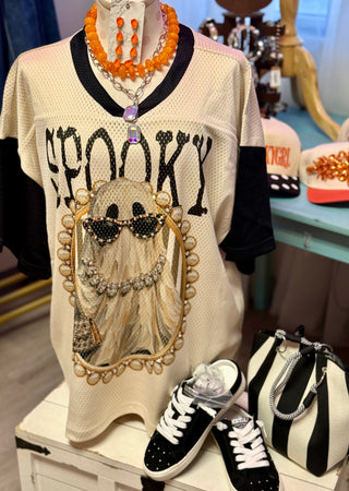 Cream mesh oversized jersey with spooky ghost graphic, black sleeves, and gothic SPOOKY lettering