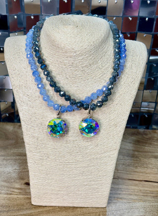 Double-strand blue beaded necklace and iridescent AB crystal drop earrings set