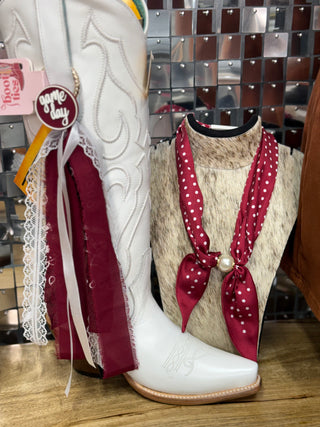White cowboy boots with maroon polka dot scarf tie and lace ribbon Game Day boot accessories