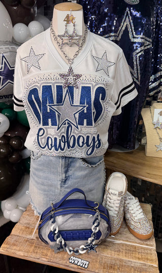 White rhinestone Dallas Cowboys V-neck graphic tee with navy glitter lettering and star accents