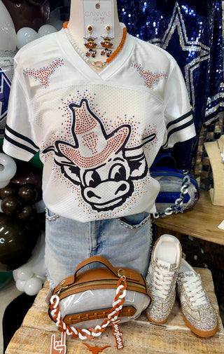 White rhinestone-studded Texas Longhorns Bevo football jersey with orange crystal graphic