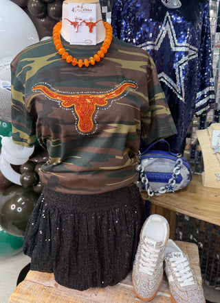 Camo crew neck tee with orange rhinestone Texas Longhorns graphic on mannequin