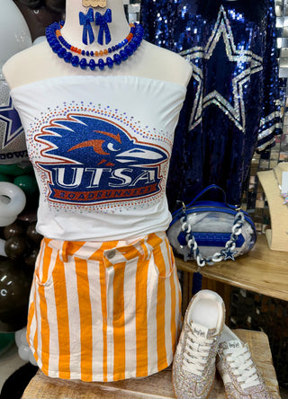 White strapless tube top with rhinestone and glitter UTSA Roadrunners logo center front