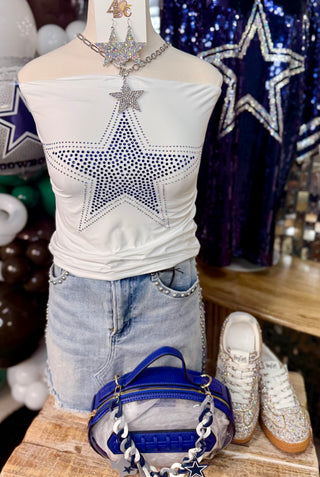 White strapless bandeau crop top with blue and silver rhinestone star design