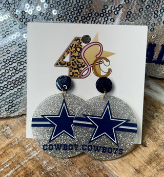 Silver glitter Dallas Cowboys dangle earrings with navy star logo and blue glitter studs