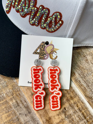 Orange and white Hook'em bubble letter dangle earrings with silver glitter stud tops