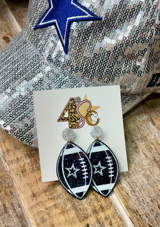 Navy glitter football dangle earrings with white star and silver glitter stud connectors