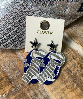 Navy and silver glitter dangle earrings with black star studs and script lettering pendants