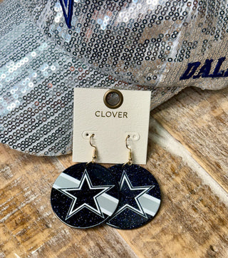 Round navy glitter drop earrings featuring Dallas Cowboys star logo on display card