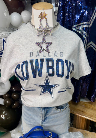 Gray Dallas Cowboys rhinestone graphic tee with blue studded lettering and star logo