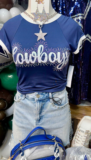 Navy Dallas Cowboys rhinestone raglan tee with iridescent crystal embellishments and white script