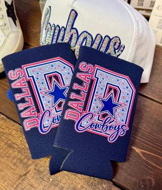 Navy neoprene Dallas Cowboys koozie with glitter varsity D, star, and pink script lettering