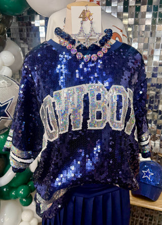 Navy blue sequin oversized Cowboys graphic top with silver stripe cuff trim
