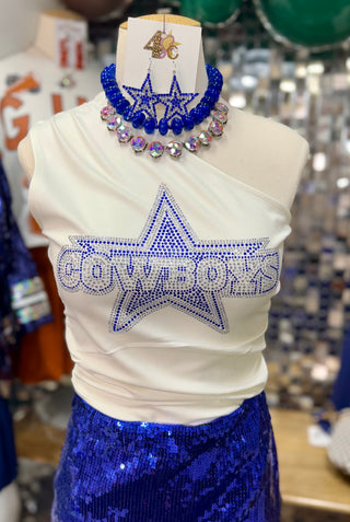 White rhinestone Cowboys star top with blue sequin skirt and star earrings